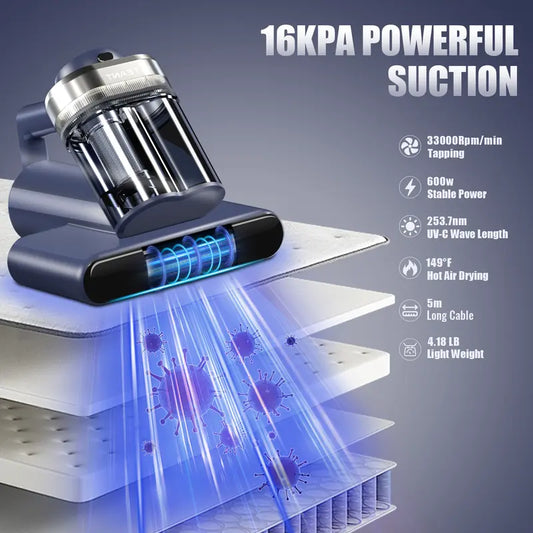 Mattress Vacuum Cleaner with UV-C Light, 149°F Hot Air, HEPA Filter & 16Kpa Suction – Deep Clean for Bed, Sofa, Carpet